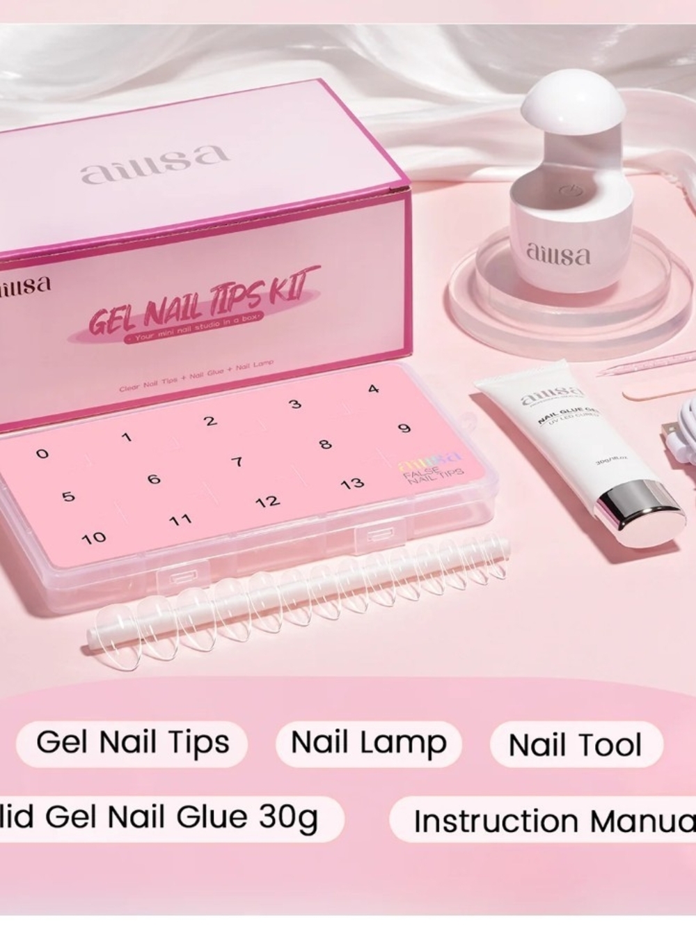 Pink Gel Nail Tips Kit with Nail Lamp